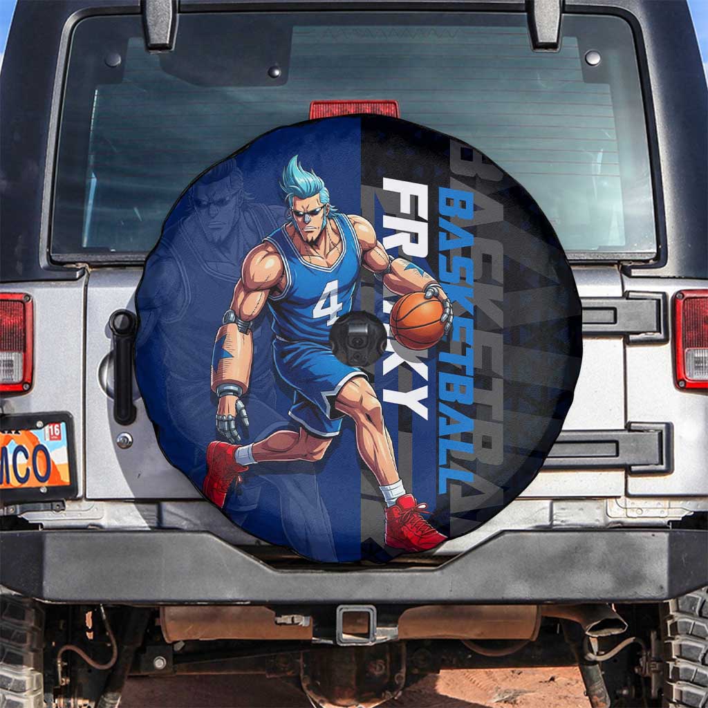 Franky One Piece Basketball Crossover Design Spare Tire Cover with Blue Uniform and Mechanical Arm Action Pose - The Mazicc