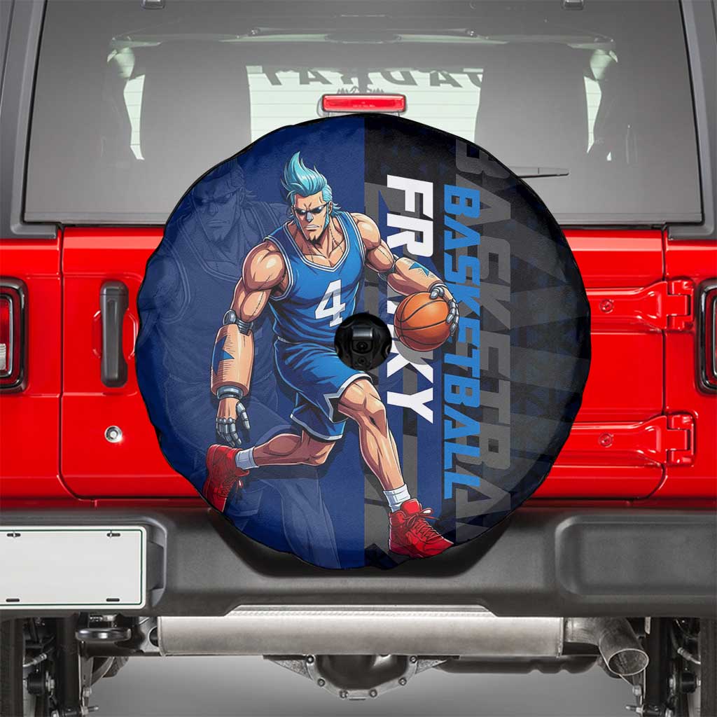 Franky One Piece Basketball Crossover Design Spare Tire Cover with Blue Uniform and Mechanical Arm Action Pose - The Mazicc
