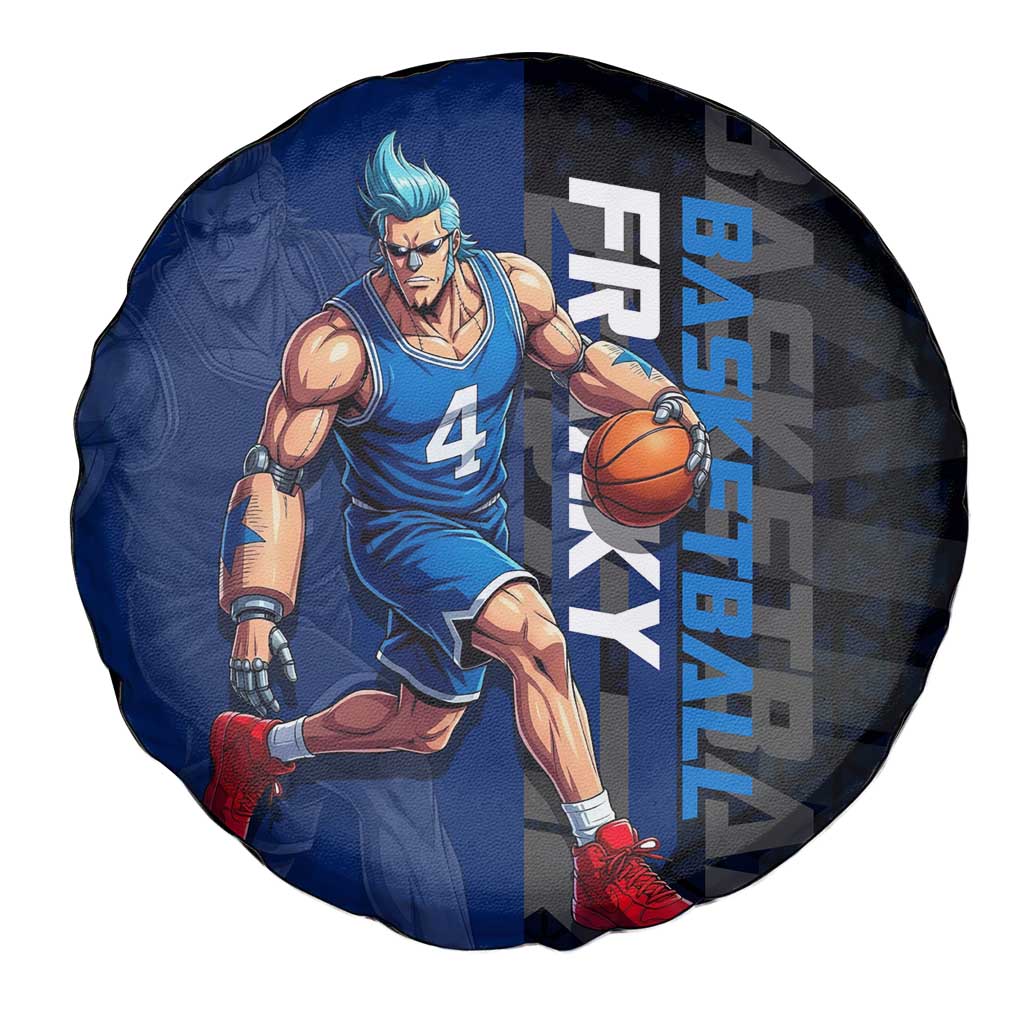 Franky One Piece Basketball Crossover Design Spare Tire Cover with Blue Uniform and Mechanical Arm Action Pose - The Mazicc