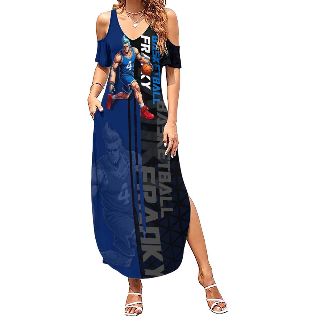 Franky One Piece Basketball Crossover Design Summer Maxi Dress with Blue Uniform and Mechanical Arm Action Pose - The Mazicc