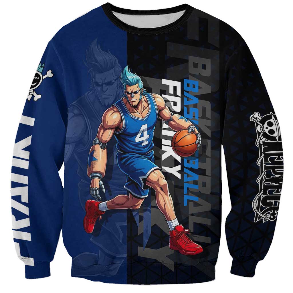 Franky One Piece Basketball Crossover Design Sweatshirt with Blue Uniform and Mechanical Arm Action Pose - The Mazicc