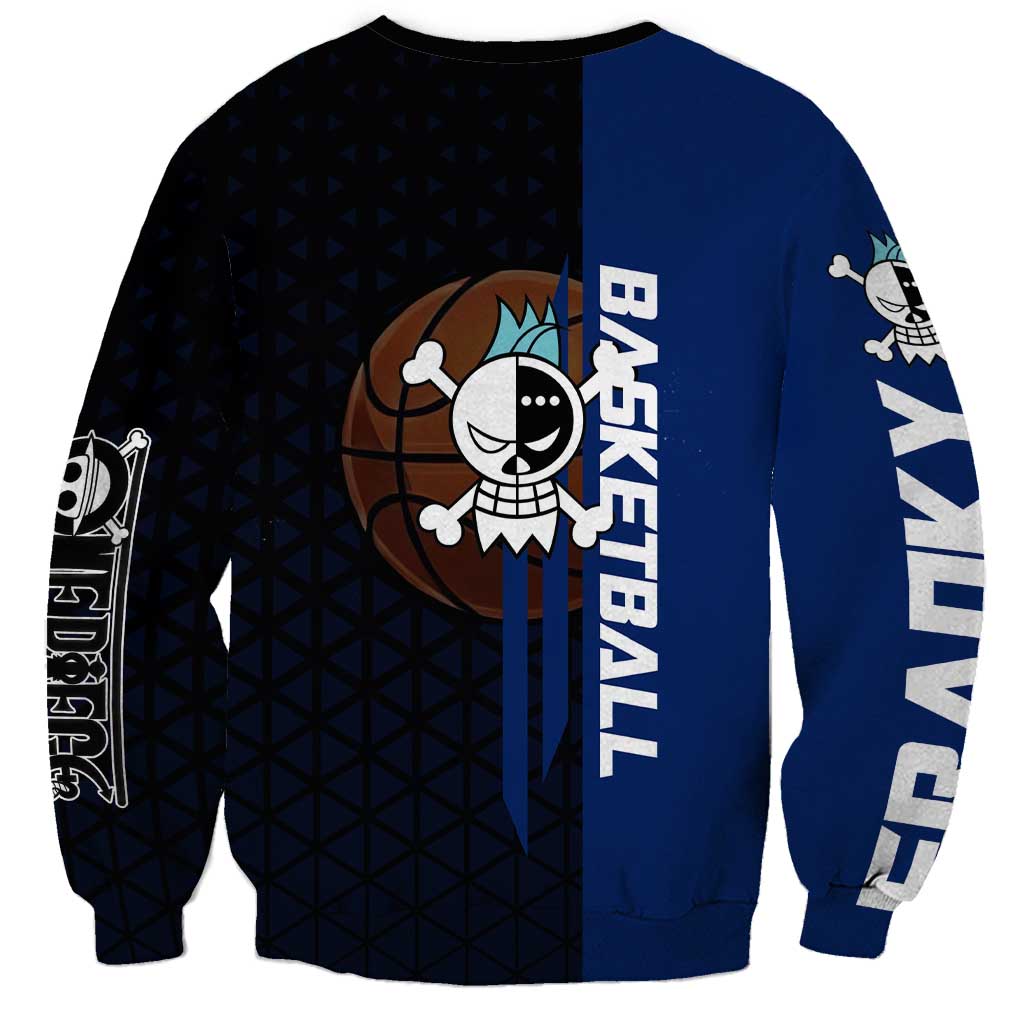 Franky One Piece Basketball Crossover Design Sweatshirt with Blue Uniform and Mechanical Arm Action Pose - The Mazicc