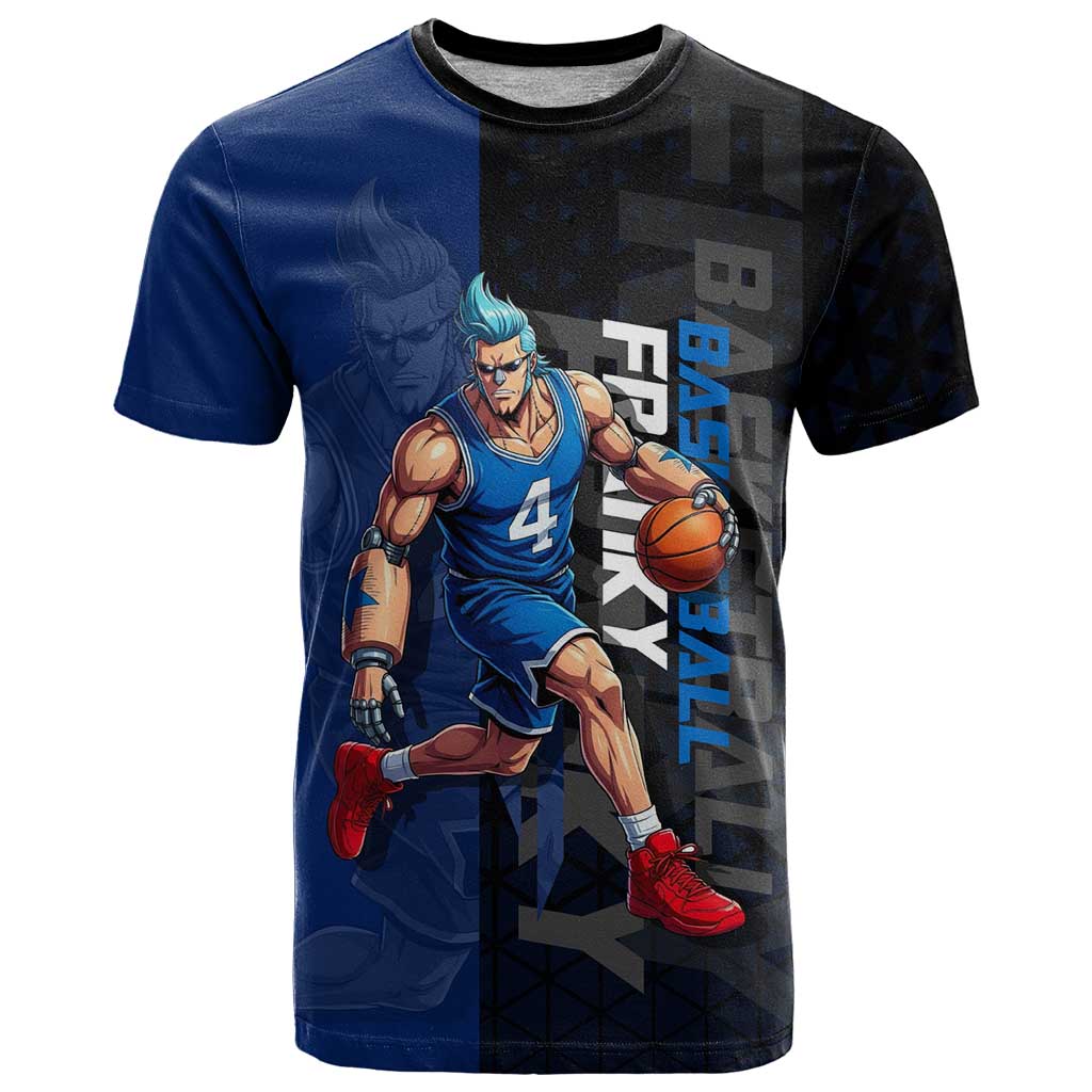 Franky One Piece Basketball Crossover Design T Shirt with Blue Uniform and Mechanical Arm Action Pose - The Mazicc