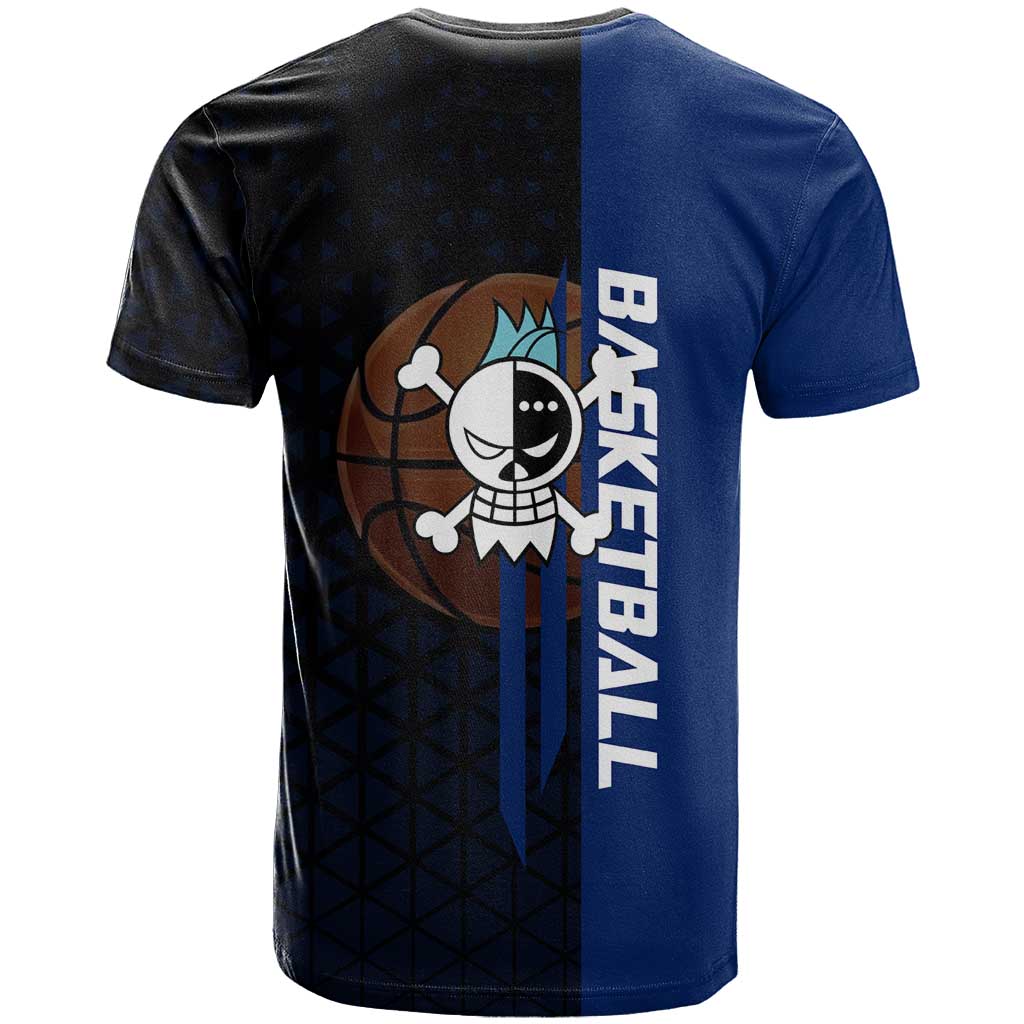 Franky One Piece Basketball Crossover Design T Shirt with Blue Uniform and Mechanical Arm Action Pose - The Mazicc