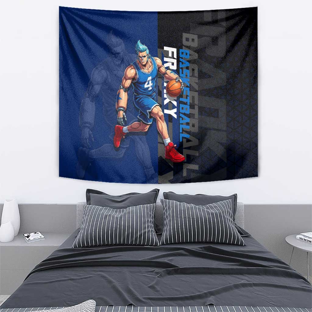 Franky One Piece Basketball Crossover Design Tapestry with Blue Uniform and Mechanical Arm Action Pose - The Mazicc