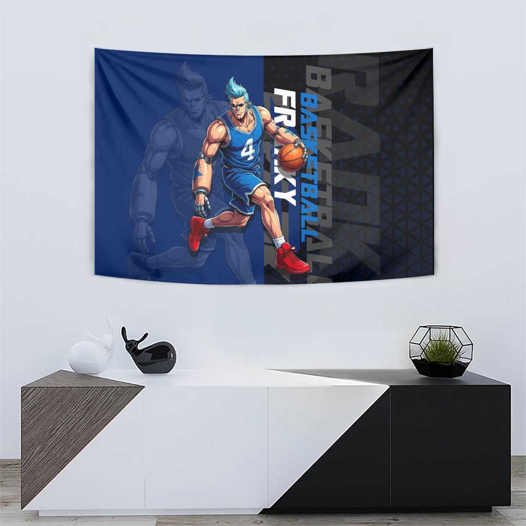Franky One Piece Basketball Crossover Design Tapestry with Blue Uniform and Mechanical Arm Action Pose - The Mazicc