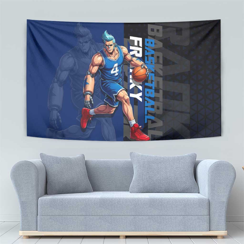 Franky One Piece Basketball Crossover Design Tapestry with Blue Uniform and Mechanical Arm Action Pose - The Mazicc