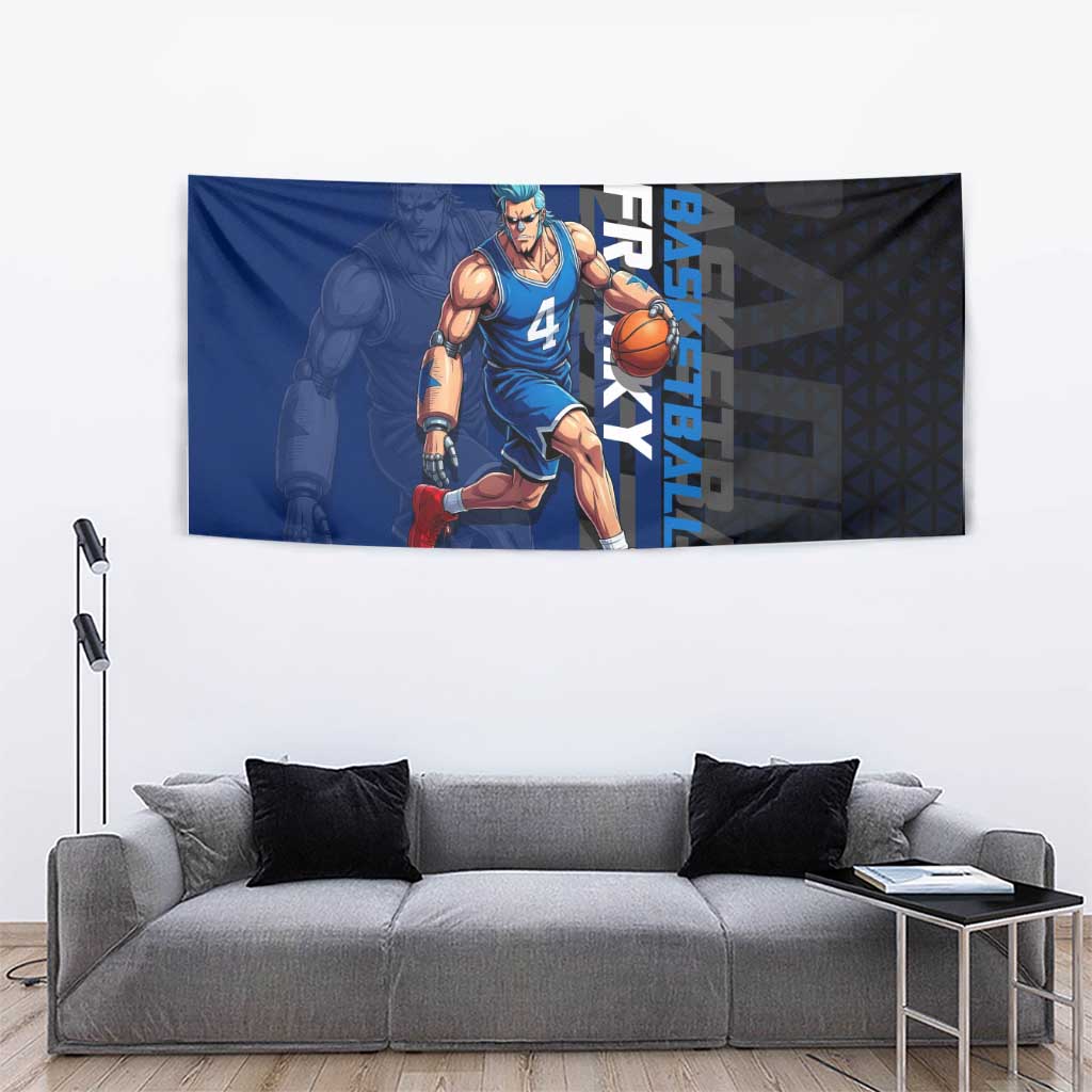 Franky One Piece Basketball Crossover Design Tapestry with Blue Uniform and Mechanical Arm Action Pose - The Mazicc
