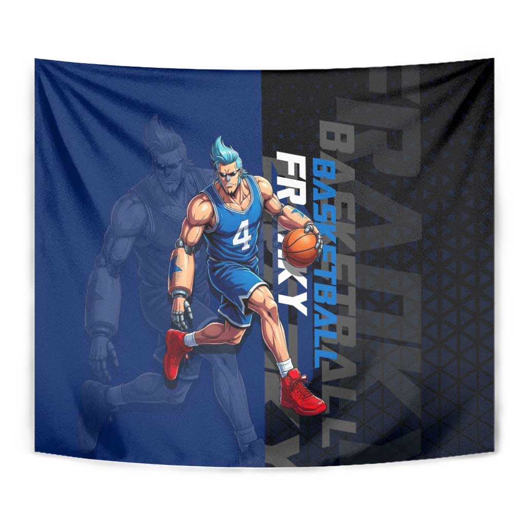 Franky One Piece Basketball Crossover Design Tapestry with Blue Uniform and Mechanical Arm Action Pose - The Mazicc