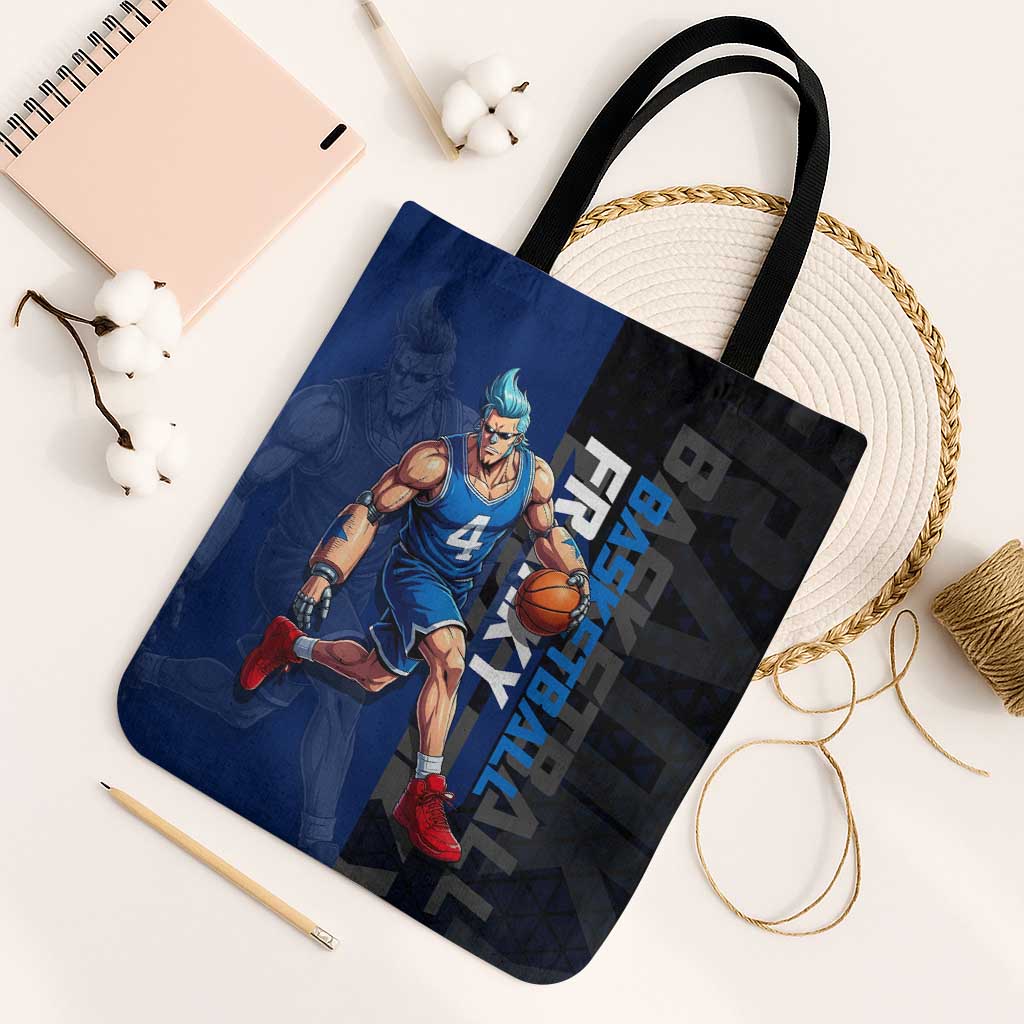 Franky One Piece Basketball Crossover Design Tote Bag with Blue Uniform and Mechanical Arm Action Pose - The Mazicc