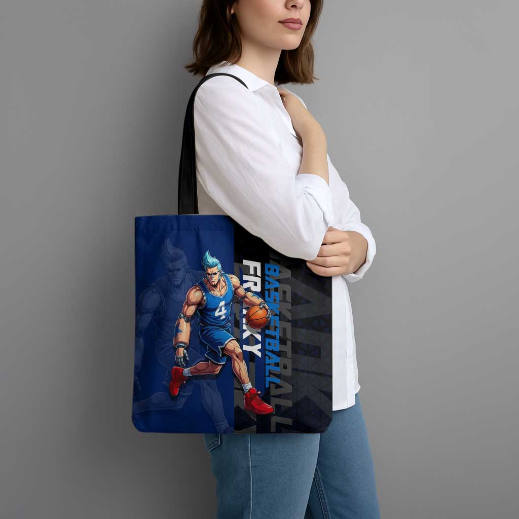 Franky One Piece Basketball Crossover Design Tote Bag with Blue Uniform and Mechanical Arm Action Pose - The Mazicc