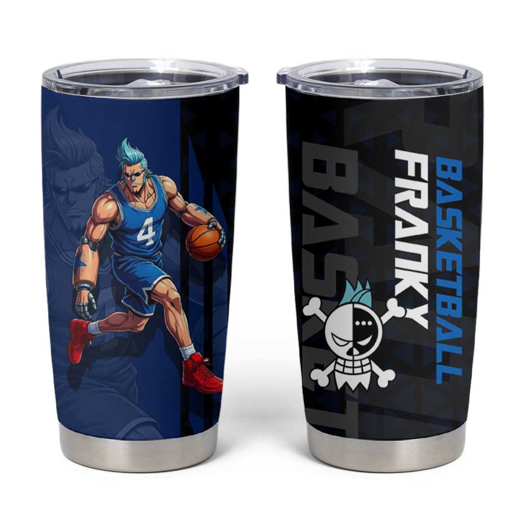 Franky One Piece Basketball Crossover Design Tumbler Cup with Blue Uniform and Mechanical Arm Action Pose - The Mazicc