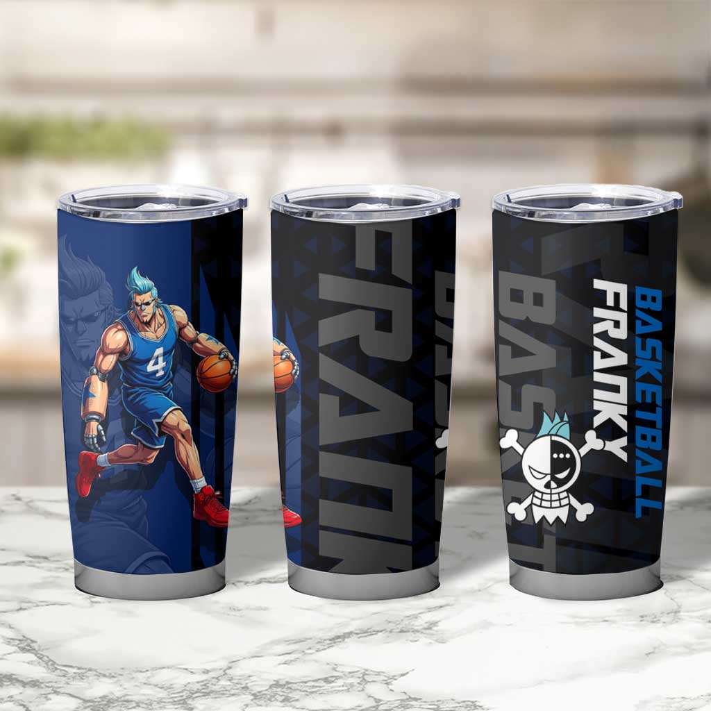 Franky One Piece Basketball Crossover Design Tumbler Cup with Blue Uniform and Mechanical Arm Action Pose - The Mazicc