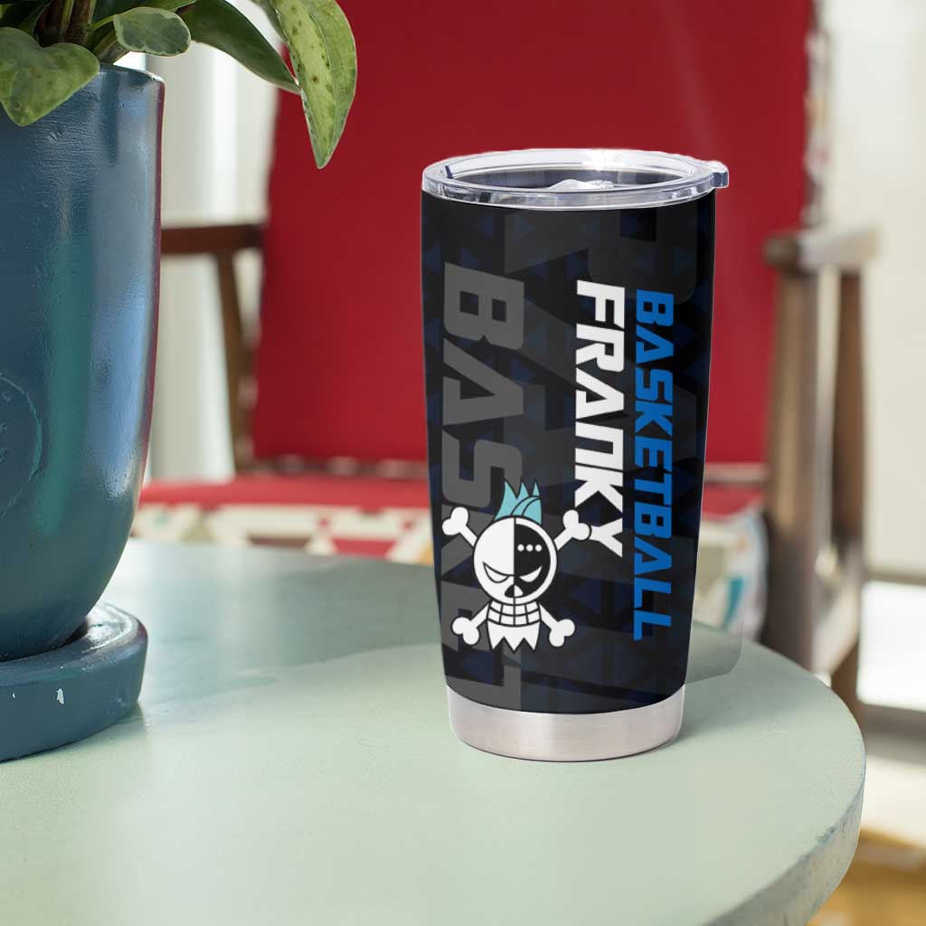 Franky One Piece Basketball Crossover Design Tumbler Cup with Blue Uniform and Mechanical Arm Action Pose - The Mazicc