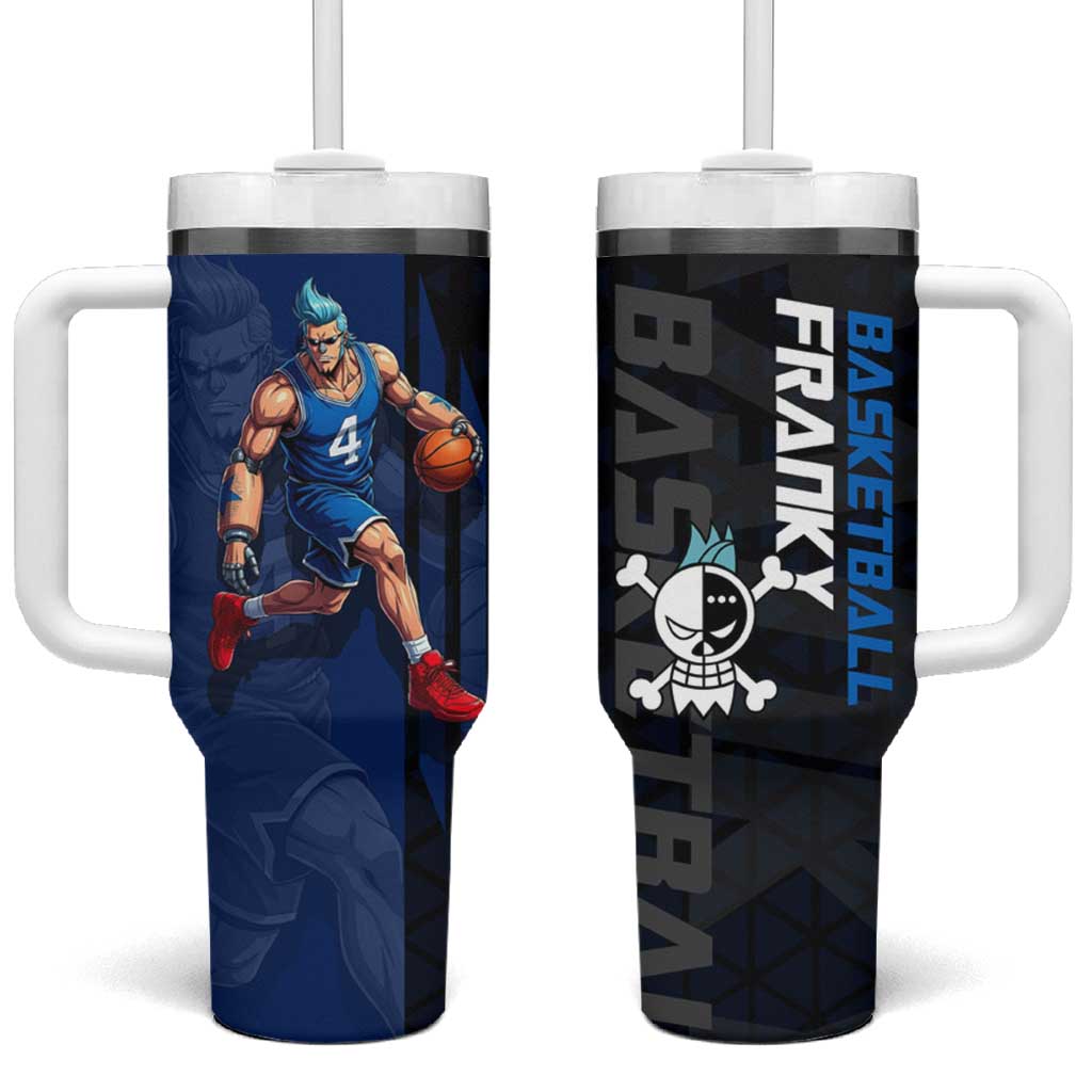 Franky One Piece Basketball Crossover Design Tumbler With Handle with Blue Uniform and Mechanical Arm Action Pose - The Mazicc