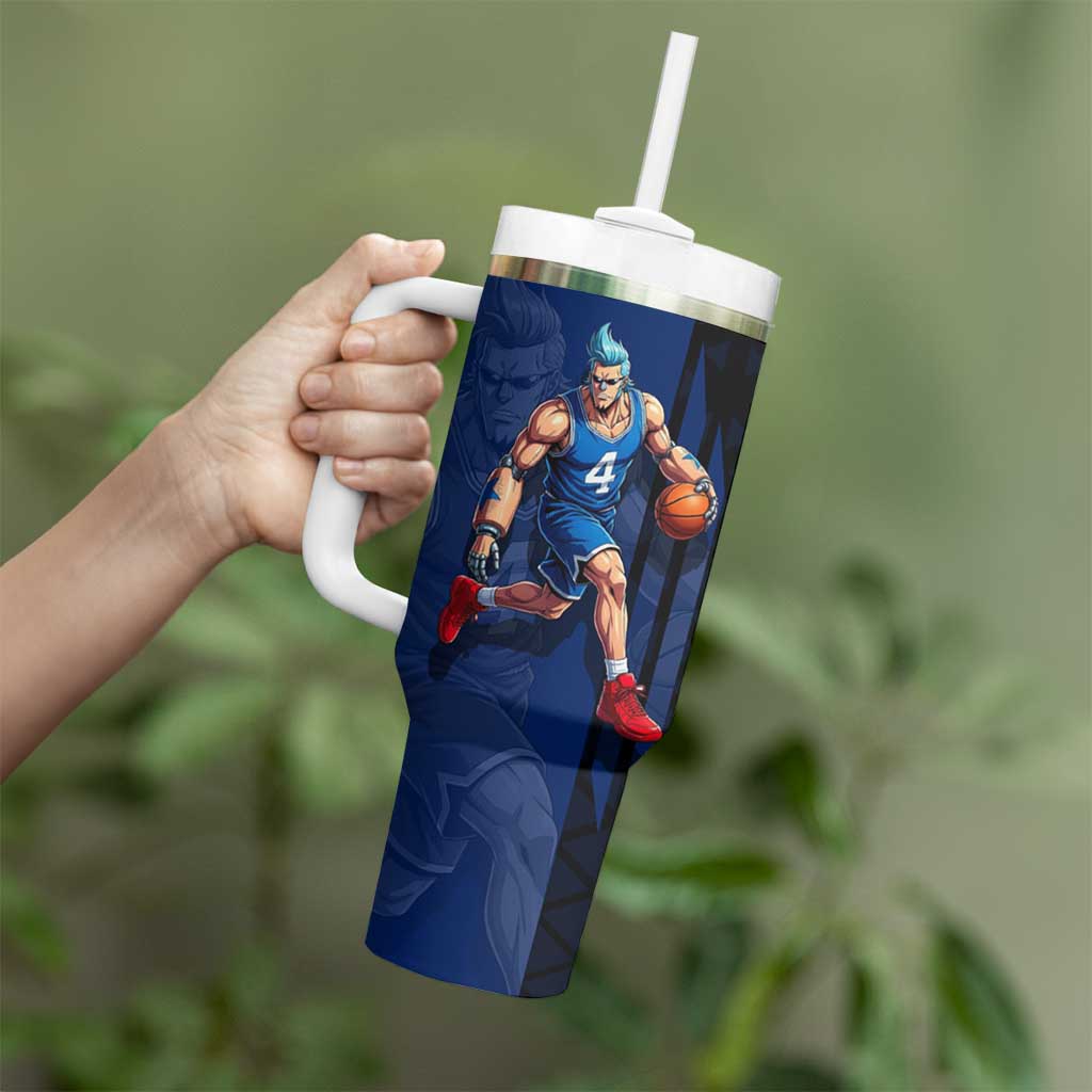 Franky One Piece Basketball Crossover Design Tumbler With Handle with Blue Uniform and Mechanical Arm Action Pose - The Mazicc