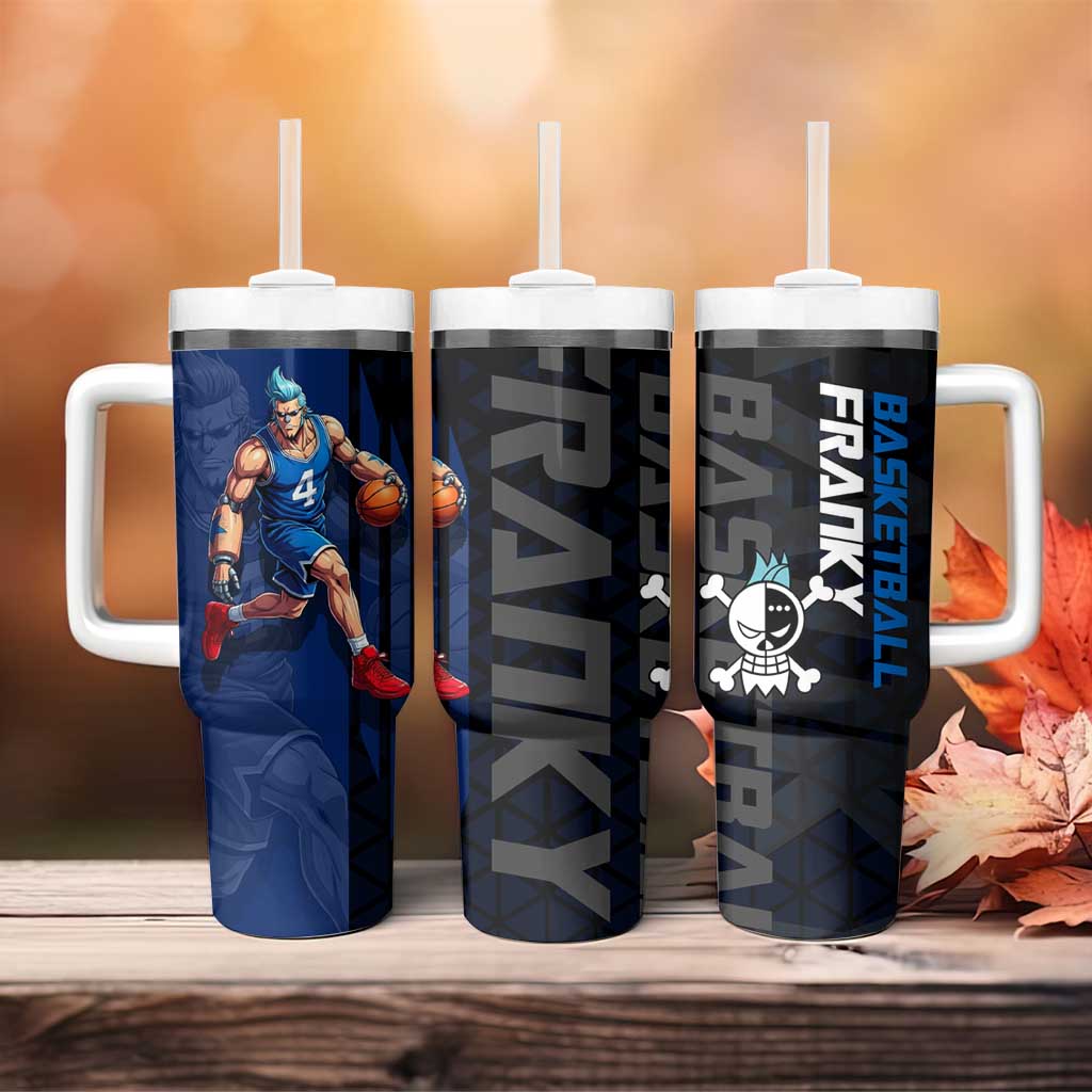 Franky One Piece Basketball Crossover Design Tumbler With Handle with Blue Uniform and Mechanical Arm Action Pose - The Mazicc
