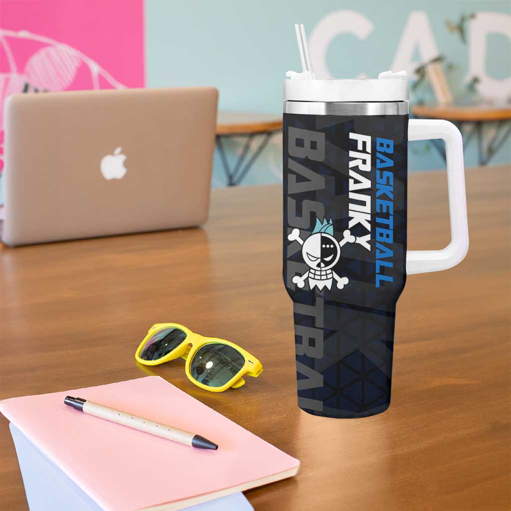 Franky One Piece Basketball Crossover Design Tumbler With Handle with Blue Uniform and Mechanical Arm Action Pose - The Mazicc
