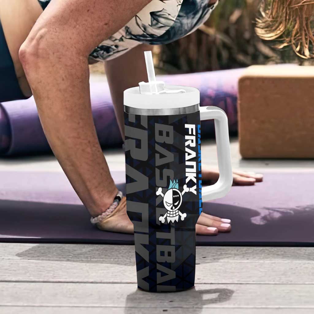 Franky One Piece Basketball Crossover Design Tumbler With Handle with Blue Uniform and Mechanical Arm Action Pose - The Mazicc