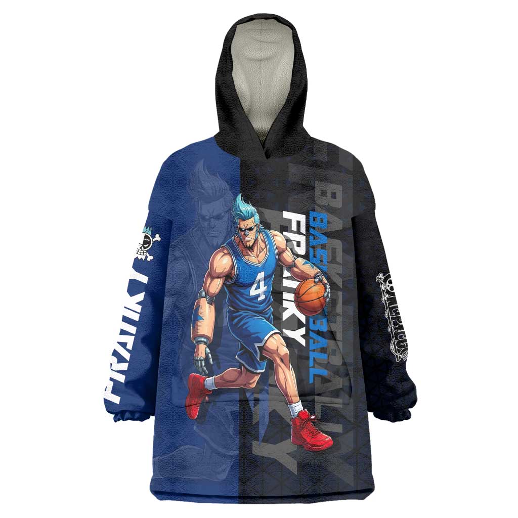 Franky One Piece Basketball Crossover Design Wearable Blanket Hoodie with Blue Uniform and Mechanical Arm Action Pose - The Mazicc