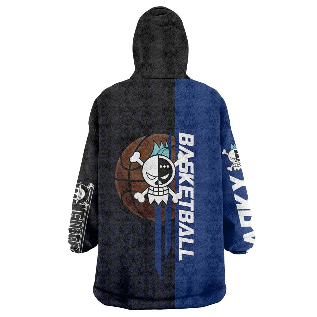 Franky One Piece Basketball Crossover Design Wearable Blanket Hoodie with Blue Uniform and Mechanical Arm Action Pose - The Mazicc