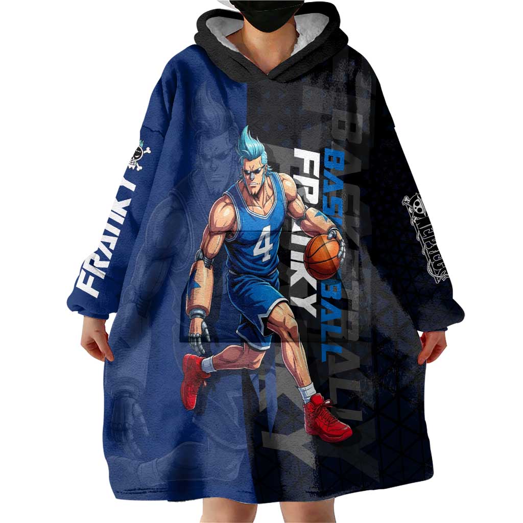 Franky One Piece Basketball Crossover Design Wearable Blanket Hoodie with Blue Uniform and Mechanical Arm Action Pose - The Mazicc