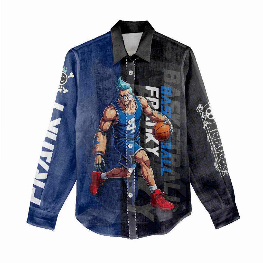 Franky One Piece Basketball Crossover Design Women Casual Shirt with Blue Uniform and Mechanical Arm Action Pose - The Mazicc