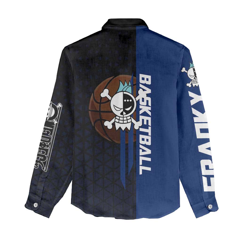 Franky One Piece Basketball Crossover Design Women Casual Shirt with Blue Uniform and Mechanical Arm Action Pose - The Mazicc