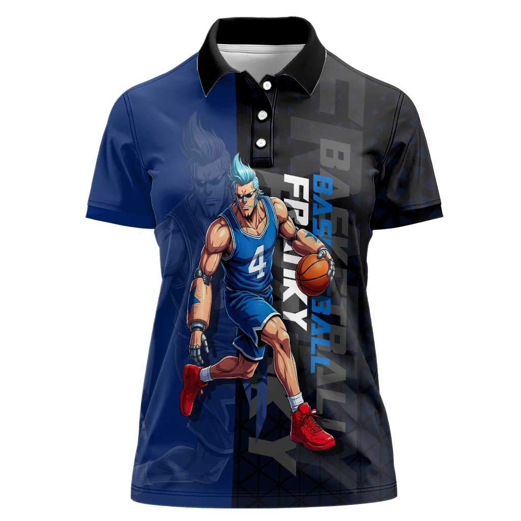 Franky One Piece Basketball Crossover Design Women Polo Shirt with Blue Uniform and Mechanical Arm Action Pose - The Mazicc