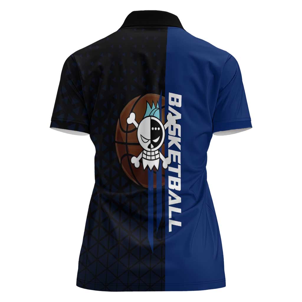 Franky One Piece Basketball Crossover Design Women Polo Shirt with Blue Uniform and Mechanical Arm Action Pose - The Mazicc