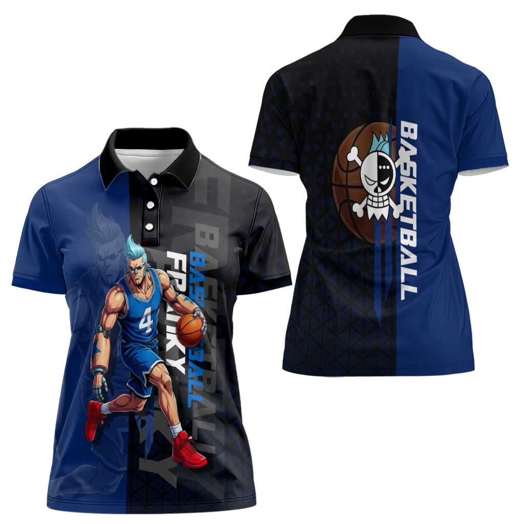 Franky One Piece Basketball Crossover Design Women Polo Shirt with Blue Uniform and Mechanical Arm Action Pose - The Mazicc
