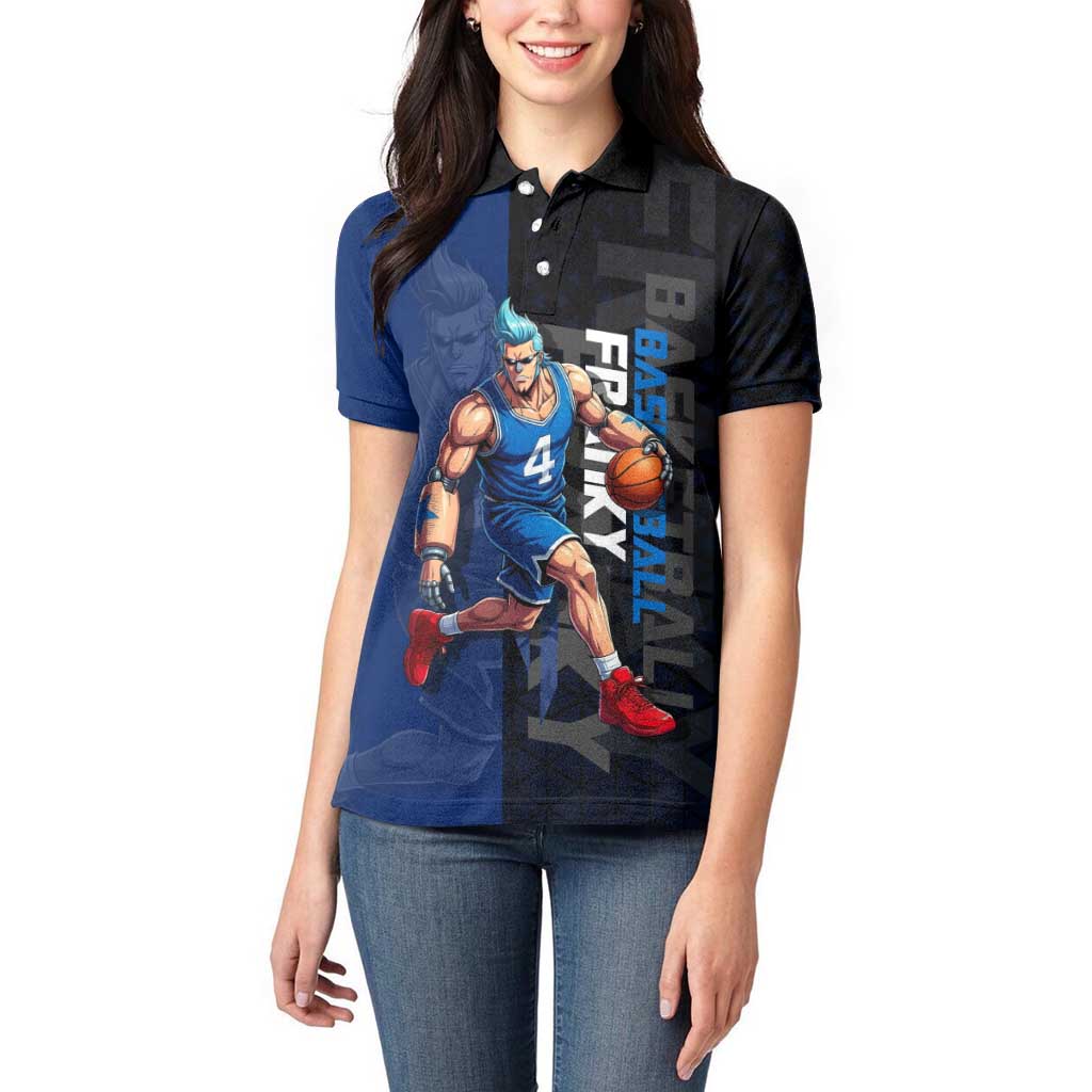 Franky One Piece Basketball Crossover Design Women Polo Shirt with Blue Uniform and Mechanical Arm Action Pose - The Mazicc