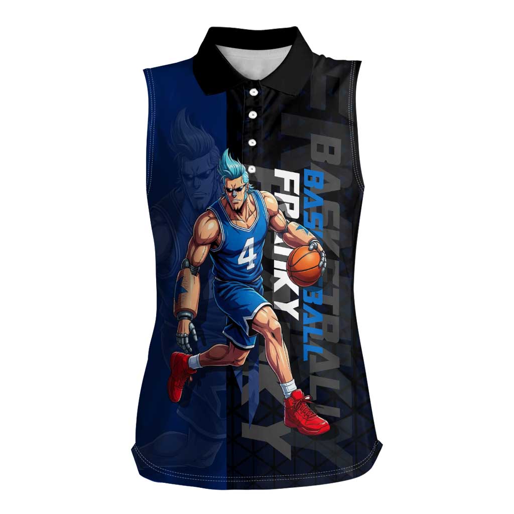 Franky One Piece Basketball Crossover Design Women Sleeveless Polo Shirt with Blue Uniform and Mechanical Arm Action Pose - The Mazicc