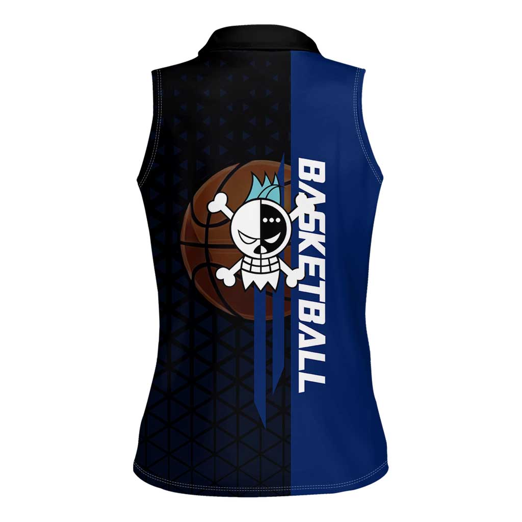 Franky One Piece Basketball Crossover Design Women Sleeveless Polo Shirt with Blue Uniform and Mechanical Arm Action Pose - The Mazicc