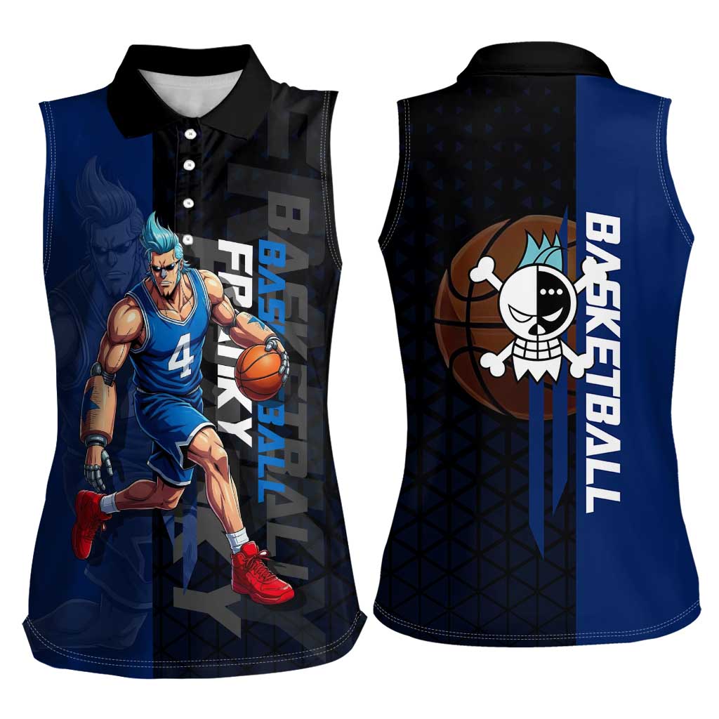 Franky One Piece Basketball Crossover Design Women Sleeveless Polo Shirt with Blue Uniform and Mechanical Arm Action Pose - The Mazicc