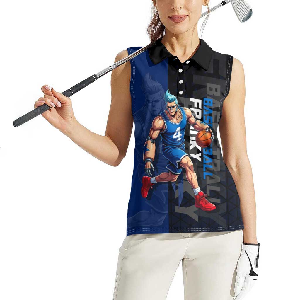 Franky One Piece Basketball Crossover Design Women Sleeveless Polo Shirt with Blue Uniform and Mechanical Arm Action Pose - The Mazicc