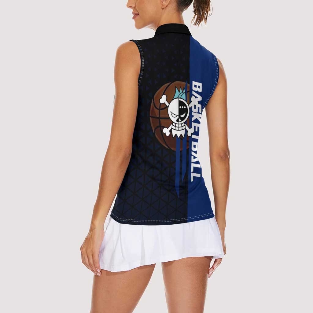 Franky One Piece Basketball Crossover Design Women Sleeveless Polo Shirt with Blue Uniform and Mechanical Arm Action Pose - The Mazicc