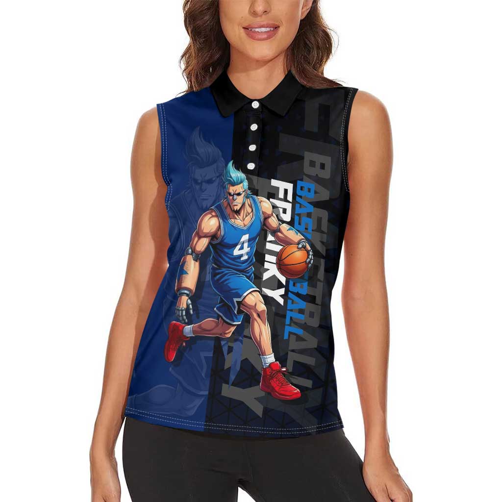 Franky One Piece Basketball Crossover Design Women Sleeveless Polo Shirt with Blue Uniform and Mechanical Arm Action Pose - The Mazicc