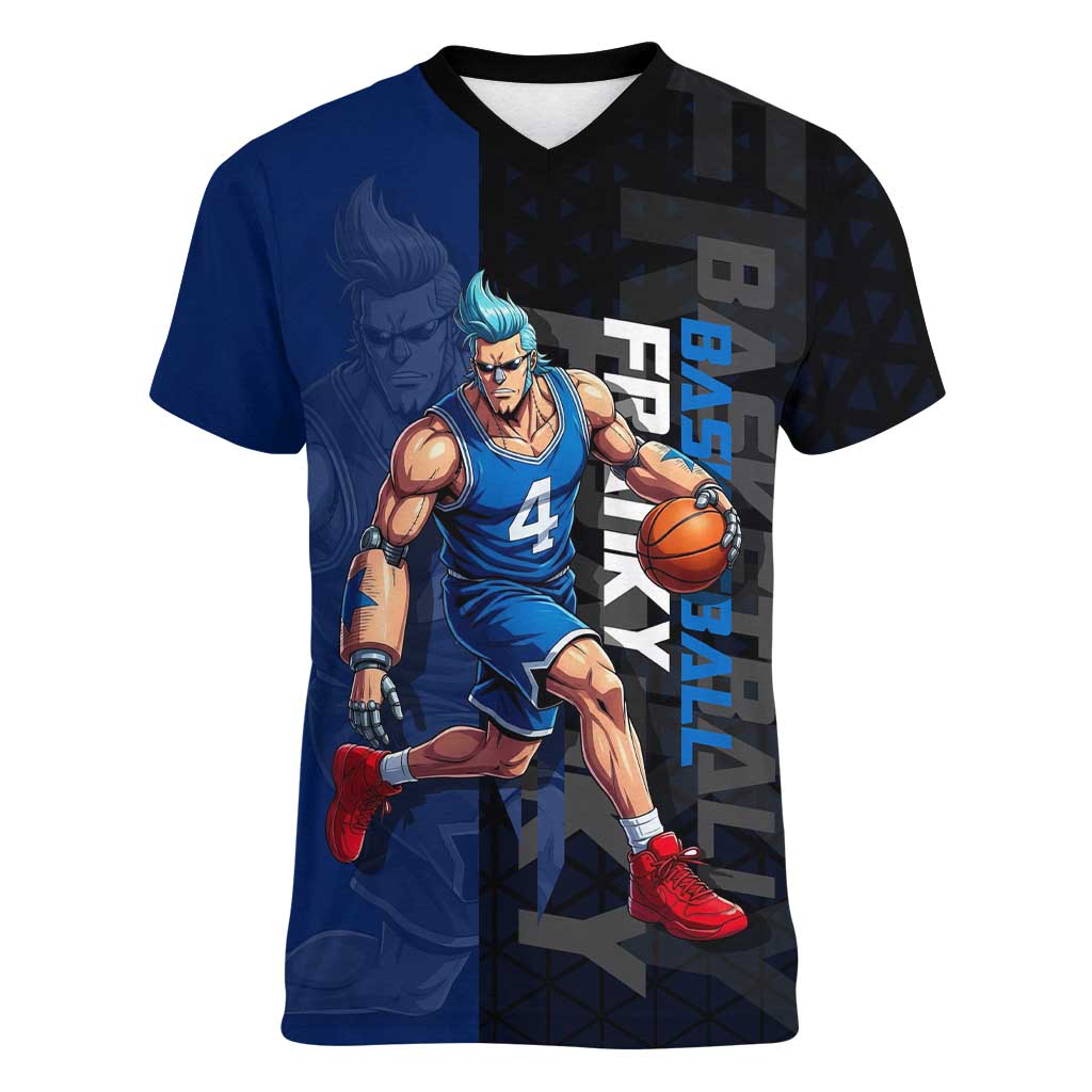 Franky One Piece Basketball Crossover Design Women V-Neck T-Shirt with Blue Uniform and Mechanical Arm Action Pose - The Mazicc