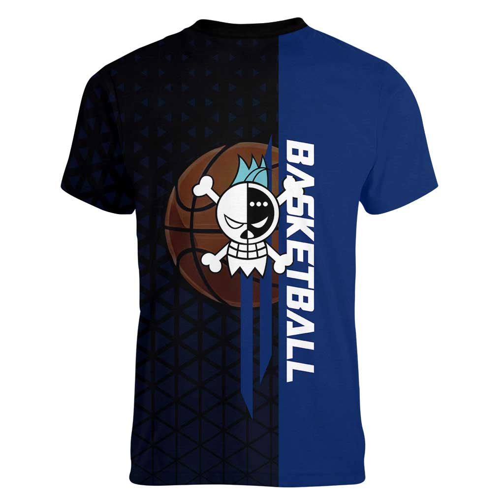 Franky One Piece Basketball Crossover Design Women V-Neck T-Shirt with Blue Uniform and Mechanical Arm Action Pose - The Mazicc
