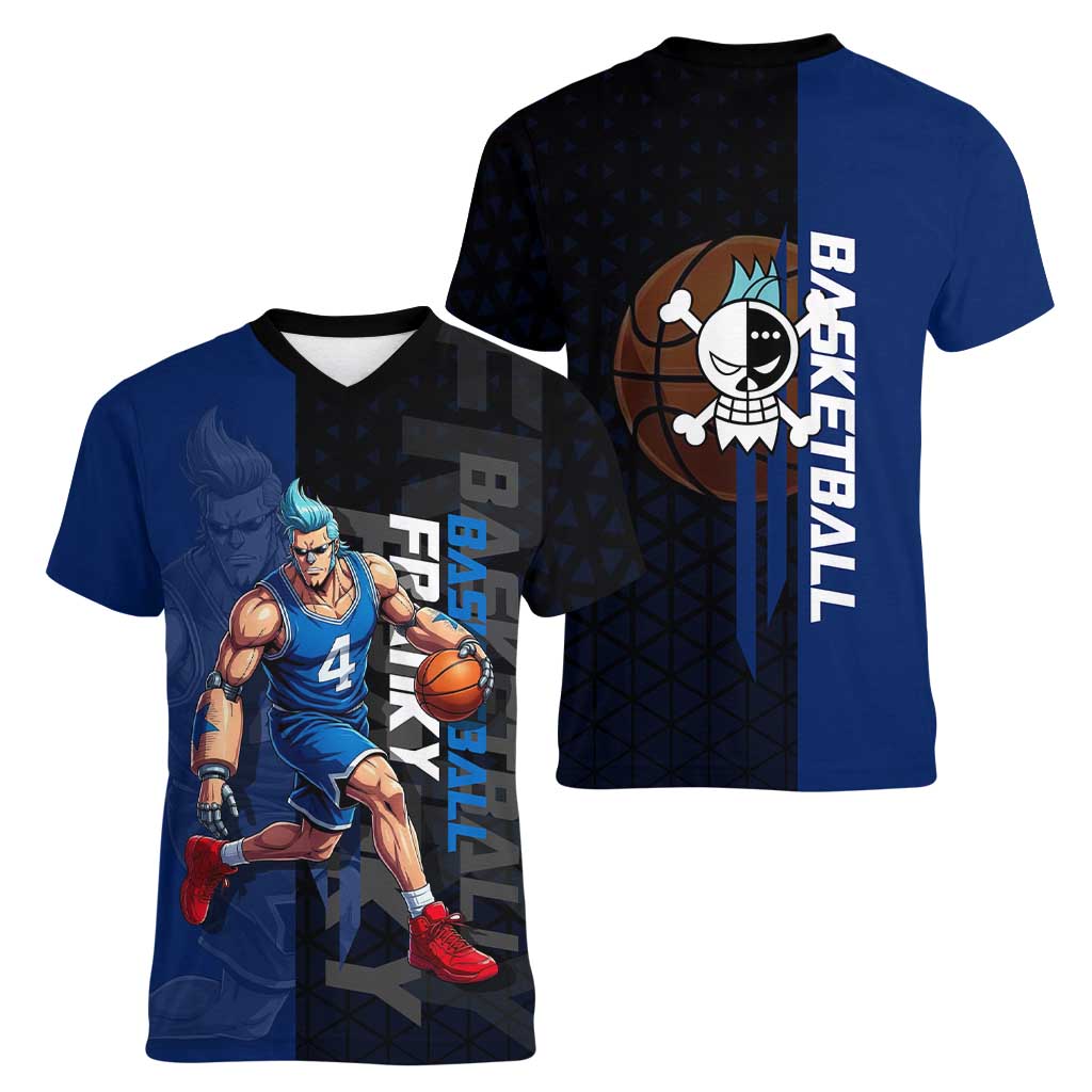 Franky One Piece Basketball Crossover Design Women V-Neck T-Shirt with Blue Uniform and Mechanical Arm Action Pose - The Mazicc