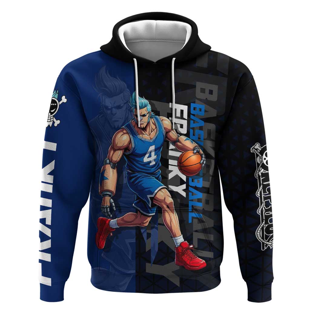 Franky One Piece Basketball Crossover Design Zip Hoodie with Blue Uniform and Mechanical Arm Action Pose - The Mazicc
