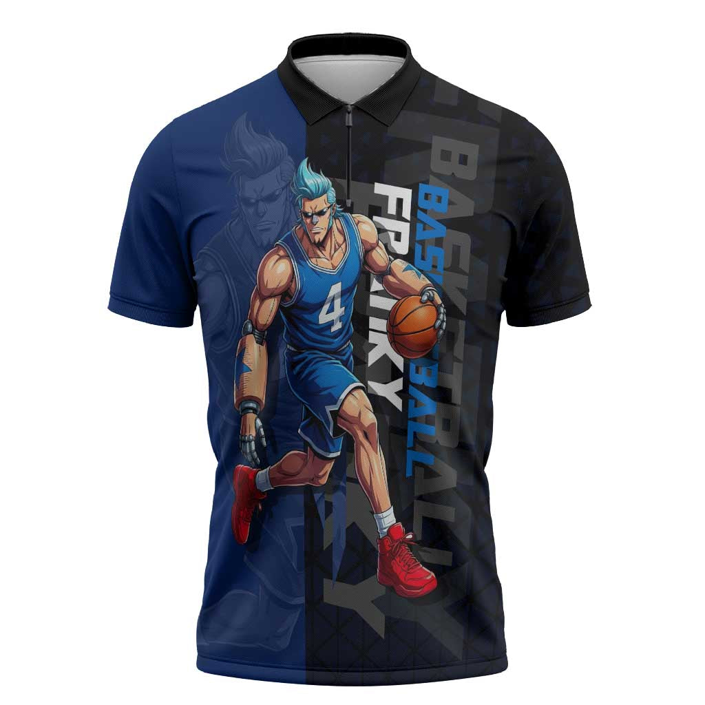 Franky One Piece Basketball Crossover Design Zipper Polo Shirt with Blue Uniform and Mechanical Arm Action Pose - The Mazicc