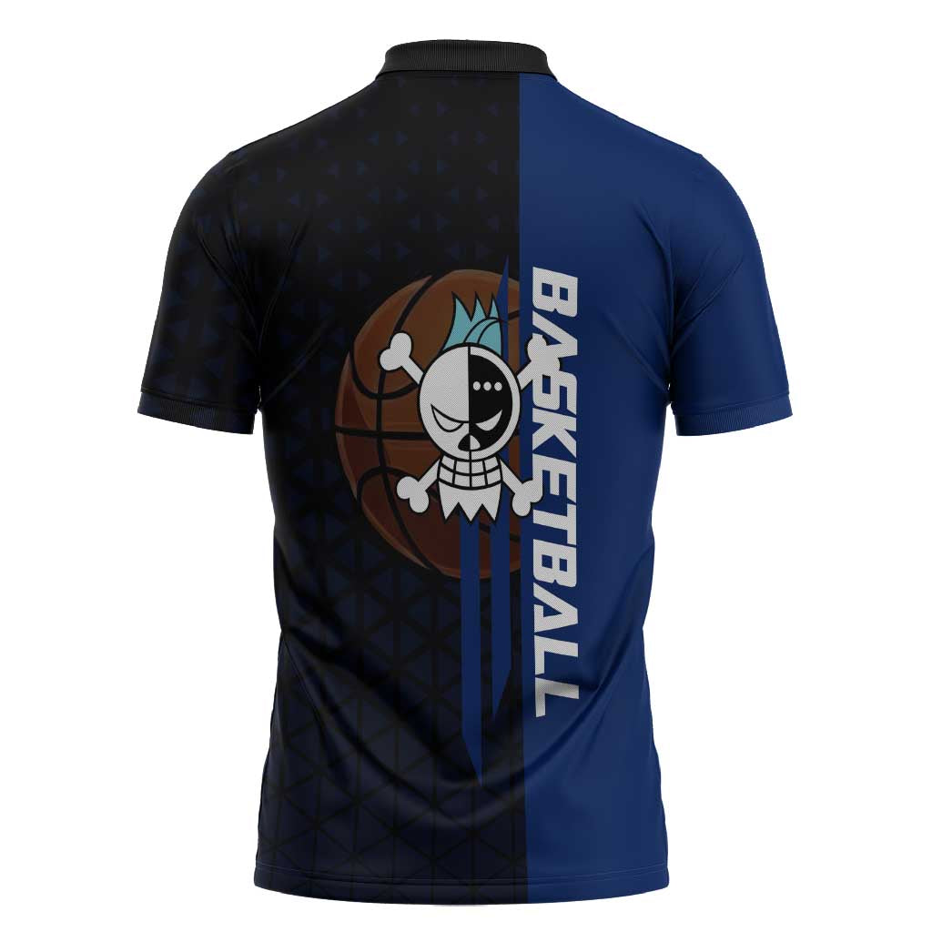 Franky One Piece Basketball Crossover Design Zipper Polo Shirt with Blue Uniform and Mechanical Arm Action Pose - The Mazicc