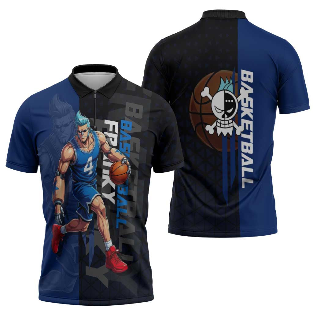 Franky One Piece Basketball Crossover Design Zipper Polo Shirt with Blue Uniform and Mechanical Arm Action Pose - The Mazicc