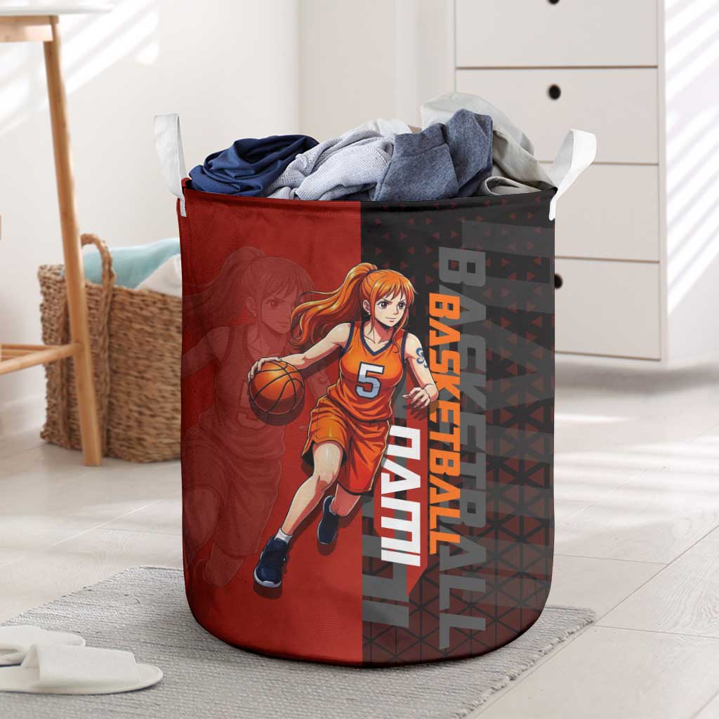 Nami One Piece Basketball Theme Red and Black Design Laundry Basket with Action Pose and Straw Hat Logo - The Mazicc