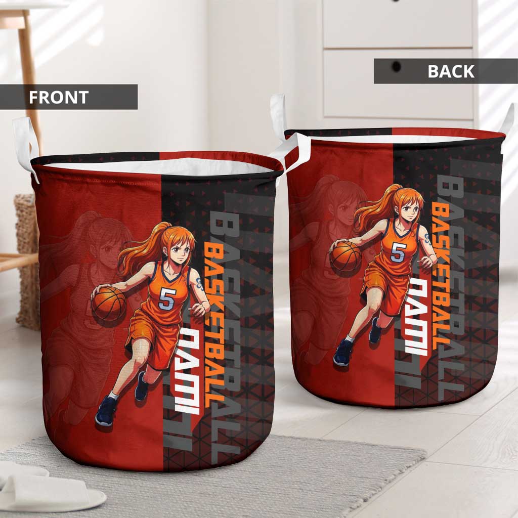 Nami One Piece Basketball Theme Red and Black Design Laundry Basket with Action Pose and Straw Hat Logo - The Mazicc
