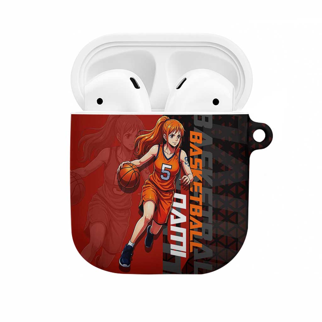 Nami One Piece Basketball Theme Red and Black Design AirPods Case with Action Pose and Straw Hat Logo - The Mazicc