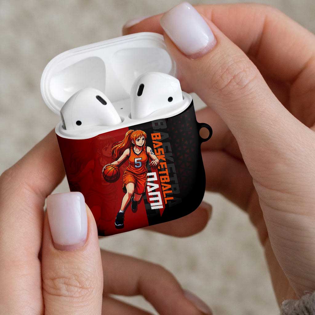 Nami One Piece Basketball Theme Red and Black Design AirPods Case with Action Pose and Straw Hat Logo - The Mazicc