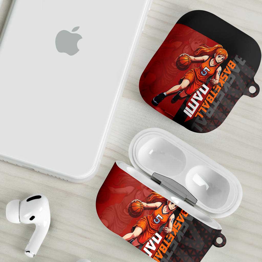 Nami One Piece Basketball Theme Red and Black Design AirPods Case with Action Pose and Straw Hat Logo - The Mazicc